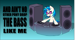 Size: 1500x811 | Tagged: safe, artist:zeffdakilla, dj pon-3, vinyl scratch, pony, unicorn, g4, bipedal, female, mare, record, smiling, solo, speaker, sunglasses, text, turntable