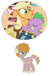 Size: 662x970 | Tagged: safe, artist:foxykitsunestiles, artist:strawberry-spritz, applejack, spike, oc, oc:apple flame, dracony, dragon, earth pony, hybrid, pony, g4, base used, book, female, golden oaks library, hat, hug, interspecies offspring, lidded eyes, male, mare, offspring, parent:applejack, parent:spike, parents:applespike, party hat, screencap reference, ship:applespike, shipping, simple background, straight, transparent background