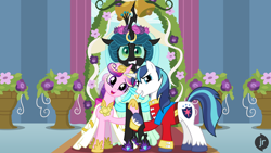 Size: 1920x1080 | Tagged: safe, artist:facelessjr, princess cadance, queen chrysalis, shining armor, alicorn, changeling, changeling queen, pony, unicorn, canterlot wedding 10th anniversary, g4, alternate hairstyle, alternate universe, bell, bisexual, canterlot castle, clothes, dress, fangs, female, floral head wreath, flower, flower in hair, grin, holding hooves, horn, horn ring, hug, infidelity, jewelry, lesbian, male, marriage, nervous, nervous smile, nervous sweat, photo, polyamory, polygamy, ring, shining armor gets all the mares, ship:cadalis, ship:chrysarmordance, ship:shining chrysalis, ship:shiningcadance, shipping, show accurate, smiling, story included, straight, sweat, uniform, vase, wedding, wedding dress, wedding ring, wedding veil