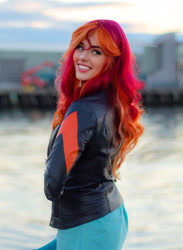 Size: 1967x2688 | Tagged: safe, artist:maddymoiselle, edit, editor:sammykun, faceapp, sunset shimmer, human, equestria girls, g4, beach, blurry background, bust, clothes, cosplay, costume, half body, humanized, irl, irl human, jacket, leather jacket, looking at you, outdoors, photo, photography, portrait, redhead, smiling, solo, wig