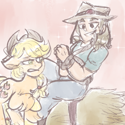 Size: 1000x1000 | Tagged: safe, artist:mimiporcellini, applejack, earth pony, human, g4, colored sketch, crossover, crossover shipping, hol horse, holjack, interspecies, jojo's bizarre adventure, shipping