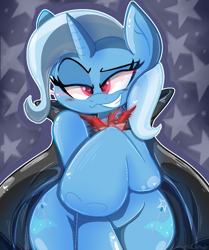Size: 1000x1198 | Tagged: safe, artist:malachimoet, trixie, pony, unicorn, g4, magic duel, alicorn amulet, blushing, cape, clothes, cute, diatrixes, evil, evil smile, evil trixie, female, grin, heart eyes, hoof in air, looking at you, mare, raised hoof, smiling, smug, solo, sombra eyes, starry background, wingding eyes