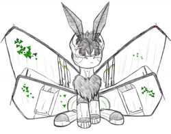 Size: 1280x1004 | Tagged: safe, alternate version, artist:zocidem, oc, oc only, oc:wrench, cyborg, earth pony, moth, mothpony, original species, pony, artificial wings, augmented, chest fluff, male, male oc, mechanical wing, solo, stallion, stallion oc, wings