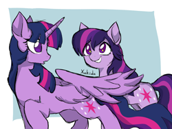 Size: 1600x1200 | Tagged: safe, artist:xekiida, twilight sparkle, alicorn, earth pony, pony, g4, duality, earth pony twilight, eye contact, female, grin, looking at each other, looking at someone, looking back, mare, race swap, self paradox, self ponidox, smiling, spread wings, starry eyes, twilight sparkle (alicorn), wingding eyes, wings
