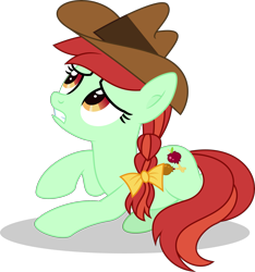 Size: 3447x3688 | Tagged: safe, alternate version, artist:starcollider, candy apples, earth pony, pony, g4, the summer sun setback, .svg available, apple family member, bow, cowboy hat, female, hair bow, hat, high res, mare, simple background, solo, svg, transparent background, vector, worried
