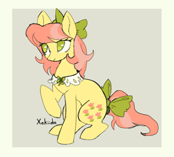 Size: 1218x1102 | Tagged: safe, artist:xekiida, posey bloom, earth pony, pony, g5, my little pony: tell your tale, alternate design, bow, female, hair bow, mare, raised hoof, sitting, solo, tail, tail bow