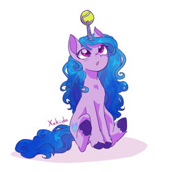 Size: 1196x1200 | Tagged: safe, artist:xekiida, izzy moonbow, pony, unicorn, g5, ball, cute, horn, hornball, izzy's tennis ball, izzybetes, looking up, open mouth, simple background, sitting, solo, tennis ball, white background