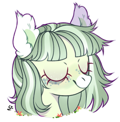 Size: 997x1012 | Tagged: safe, artist:strangle12, oc, oc only, earth pony, pony, base used, bust, ear fluff, earth pony oc, eyes closed, simple background, smiling, solo, white background