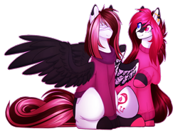 Size: 1600x1200 | Tagged: safe, artist:purplegrim40, oc, oc only, oc:chelsi, pegasus, pony, bandage, clothes, duo, ear piercing, heterochromia, one wing out, pegasus oc, piercing, raised hoof, simple background, smiling, transparent background, wings