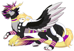 Size: 2000x1400 | Tagged: safe, artist:purplegrim40, oc, oc only, draconequus, hybrid, pegasus, pony, draconequus oc, duo, eyes closed, pegasus oc, riding, simple background, sleeping, transparent background, wings