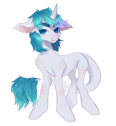 Size: 1280x1383 | Tagged: safe, artist:meggychocolatka, oc, oc only, pony, unicorn, commission, concave belly, ear fluff, floppy ears, frown, horn, male, simple background, solo, stallion, thin, unicorn oc, white background, ych result