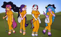 Size: 1920x1180 | Tagged: safe, artist:badlybeatenaguacate, izzy moonbow, pipp petals, sunny starscout, zipp storm, earth pony, pegasus, unicorn, anthro, g5, bag, ball, chains, clothes, horn, hornball, izzy's tennis ball, prison outfit, prisoner, prisoner im, prisoner pipp, prisoner ss, prisoner zipp, shackles, tennis ball, trash bag, varying degrees of want
