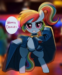 Size: 1950x2369 | Tagged: safe, artist:_ton618_, rainbow dash, pegasus, pony, g4, alternate hairstyle, belly, bipedal, clothes, exposed belly, female, gameloft interpretation, lidded eyes, mare, ponytail, sexy, solo, speech bubble, stupid sexy rainbow dash, talking, talking to viewer