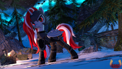 Size: 3840x2160 | Tagged: safe, artist:loveslove, oc, oc only, oc:lovers, bat pony, bat pony unicorn, dragon, hybrid, pony, unicorn, 3d, armor, bat ears, bat pony oc, bat wings, dagger, female, fence, food, helmet, high res, horn, lantern, looking at you, mare, night, night sky, outdoors, raised hoof, sky, skyrim, smiling, smiling at you, snow, solo, source filmmaker, stars, sweet roll, tail, the elder scrolls, tree, wagon, weapon, wings