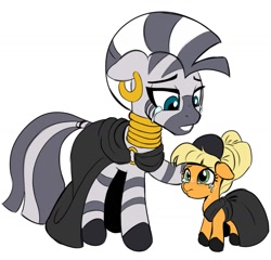 Size: 1357x1302 | Tagged: safe, artist:_ton618_, applejack, zecora, earth pony, pony, zebra, g4, alternate universe, clothes, crying, duo, ear piercing, earring, female, filly, filly applejack, floppy ears, foal, freckles, head pat, jewelry, mare, neck rings, pat, piercing, simple background, white background, younger