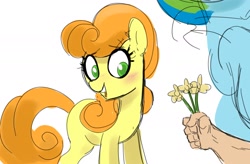 Size: 1823x1198 | Tagged: safe, artist:_ton618_, carrot top, golden harvest, rainbow dash, earth pony, human, pegasus, pony, g4, blushing, cute, female, flower, hand, mare, offscreen character, offscreen human, open mouth, simple background, white background