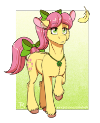 Size: 1156x1425 | Tagged: safe, artist:inuhoshi-to-darkpen, posey bloom, earth pony, pony, g5, my little pony: tell your tale, bow, ear fluff, eye clipping through hair, eyebrows, eyebrows visible through hair, feather, female, jewelry, mare, necklace, raised hoof, simple background, solo, sternocleidomastoid, tail, tail bow, teeth, transparent background, unshorn fetlocks