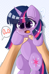 Size: 1000x1500 | Tagged: safe, artist:grithcourage, twilight sparkle, human, pony, unicorn, g4, belly, big ears, blushing, cute, female, fluffy, grabbing, hand, holding a pony, huh, implied pet play, open mouth, owo, question mark, signature, smol, solo focus, thinking, this will end in hugs, twiabetes, twilight cat, unicorn twilight, weapons-grade cute