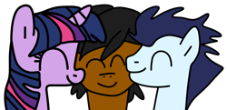 Size: 2070x1000 | Tagged: safe, artist:jadeharmony, soarin', twilight sparkle, oc, oc:nazreen, alicorn, earth pony, pegasus, pony, g4, ^^, bisexual, bisexual male, bust, canon x oc, cheek kiss, eyes closed, female, gay, gay in front of girls, kiss sandwich, kissing, male, mare, simple background, stallion, straight, transparent background, trio, twilight sparkle (alicorn)