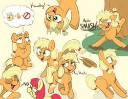 Size: 3492x2716 | Tagged: safe, artist:doodledonutart, apple bloom, applejack, earth pony, pony, g4, applejack's hat, cider, cowboy hat, cute, eyes closed, female, filly, fire, foal, hat, high res, hulk speak, jackabetes, jackletree, mare, missing accessory, multeity, no, open mouth, simple background, text, thinking