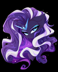 Size: 4000x4950 | Tagged: safe, artist:xsatanielx, nightmare rarity, pony, unicorn, rcf community, g4, black background, bust, ear fluff, female, forehead jewel, forehead jewelry, looking at you, mare, simple background, slit pupils, solo