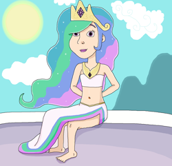 Size: 1432x1381 | Tagged: safe, artist:ocean lover, princess celestia, human, g4, balcony, bare midriff, bare shoulders, barefoot, beautiful, belly button, clothes, cloud, crown, diamond, dress, feet, female, flowing hair, glowing, hand behind back, hill, human coloration, humanized, jewelry, looking at you, midriff, mountain, pretty, regalia, sky, smiling, solo, sparkles, sun