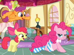 Size: 1600x1200 | Tagged: safe, artist:leopurofriki, apple bloom, pinkie pie, scootaloo, earth pony, pegasus, pony, g4, clothes, female, filly, foal, happy, lesbian, scootaloo can fly, scootapie, shipping, socks, striped socks