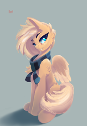 Size: 1944x2814 | Tagged: safe, artist:i love hurt, oc, oc only, oc:mirta whoowlms, pegasus, pony, female, fluffy, full body, mare, sitting, soft color, soft shading, solo