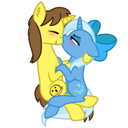 Size: 2500x2500 | Tagged: safe, artist:grapefruit-face, trixie, oc, oc:grapefruit face, pony, unicorn, g4, base used, blushing, bow, canon x oc, duo, eyes closed, eyeshadow, female, grapexie, hair bow, high res, kissing, lidded eyes, makeup, male, passion, shipping, simple background, sitting on lap, straight, transparent background