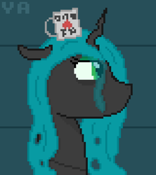 Size: 560x630 | Tagged: safe, artist:valuable ashes, queen chrysalis, changeling, changeling queen, pony, canterlot wedding 10th anniversary, g4, female, mug, pixel art, solo, tired