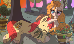Size: 1600x952 | Tagged: safe, artist:gray star, derpibooru exclusive, bright mac, pear butter, earth pony, pony, g4, the perfect pear, blushing, bucket, couple, female, food, love, male, mare, orchard, pear, scene interpretation, stallion, straight, sunrise