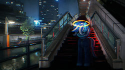 Size: 2560x1440 | Tagged: safe, artist:menalia, oc, oc only, oc:freezy coldres, pony, unicorn, chromatic aberration, city, clothes, detailed background, female, halo, horn, jacket, mare, night, outdoors, pants, shirt, shoes, solo, stairs, standing, steps, street, streetlight, tree, wallpaper