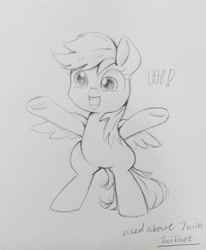 Size: 2646x3216 | Tagged: safe, artist:twiliset, derpy hooves, pegasus, pony, g4, simple ways, happy, high res, pencil drawing, simple background, spread wings, standing, traditional art, wings