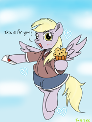 Size: 450x600 | Tagged: safe, artist:twiliset, derpy hooves, pegasus, pony, chest fluff, clothes, cloud, cute, derpabetes, flying, food, happy, heart, letter, muffin, sky, smiling, solo, spread wings, wings