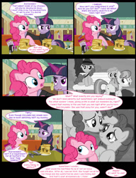 Size: 1042x1358 | Tagged: safe, artist:dendoctor, mean twilight sparkle, pinkie pie, alicorn, earth pony, pony, comic:clone.., g4, too many pinkie pies, alternate universe, clone, clothes, comic, crying, diner, female, flashback, food, fork, glowing, glowing horn, horn, magic, monochrome, pancakes, park bench, pepper, pinkie clone, plate, salt, taffy, telekinesis, tree, twilight sparkle (alicorn)