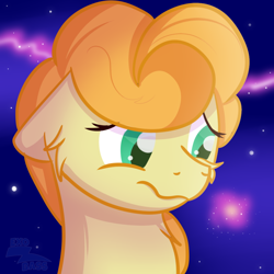 Size: 1000x1000 | Tagged: safe, artist:exobass, carrot top, golden harvest, earth pony, pony, g4, bust, expression, floppy ears, galaxy, portrait, sad, solo