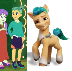 Size: 760x750 | Tagged: safe, edit, edited screencap, screencap, guy grove, hitch trailblazer, starlight, earth pony, human, pony, equestria girls, equestria girls series, g4, g5, lost and pound, spoiler:eqg series (season 2), background human, bangs, clothes, comparison, cropped, female, hedge maze, jewelry, lost and pound: rarity, male, maze, necklace, neon garden maze, pigtails, ponytail, shipping, shoes, shorts, skirt, stallion, stargrove, straight, sweater