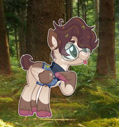 Size: 1024x1092 | Tagged: safe, artist:thatonefluffs, oc, oc only, pegasus, pony, :p, base used, commission, deer hooves, denim jacket, forest background, glasses, irl, photo, ponysona, solo, tongue out, toy, unshorn fetlocks, watermark