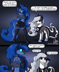 Size: 1500x1835 | Tagged: safe, artist:omny87, princess luna, alicorn, demon, hellhound, pony, anthro, digitigrade anthro, g4, annoyed, anthro with ponies, body swap, clothes, comic, crossover, demonized, dialogue, female, hellaverse, hellborn, hellhoundified, helluva boss, literal minded, loona (helluva boss), missing the point, name pun, namesake, palette swap, pentagram, peytral, ponified, princess loona, pun, recolor, role reversal, skirt, socks, species swap, speech bubble, text, thigh highs, visual pun