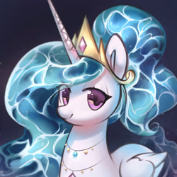 Size: 3326x3326 | Tagged: safe, artist:mirroredsea, princess celestia, alicorn, pony, g4, blue background, caustics, colored pupils, crown, cute, cutelestia, eye clipping through hair, female, flowing mane, folded wings, half body, high res, horn, jewelry, lidded eyes, long horn, looking at you, mare, necklace, regalia, sealestia, simple background, smiling, solo, transparent mane, violet eyes, water mane, wings