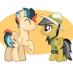 Size: 750x750 | Tagged: safe, daring do, oc, oc:turbo swifter, pegasus, pony, g4, abstract background, clothes, duo, female, hat, male, mare, pegasus oc, smiling, stallion