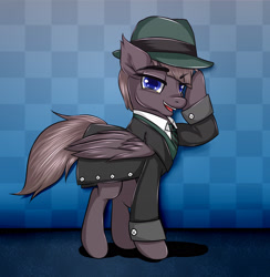 Size: 1638x1681 | Tagged: safe, artist:willymon, oc, oc only, oc:jericho siren, pegasus, pony, blue eyes, clothes, fedora, gangster, gray coat, gray mane, hat, looking at you, mafia, male, necktie, one winged pegasus, solo, stallion, streets of chicolt: a totally legitimate business venture, suit, trenchcoat