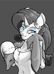Size: 1590x2150 | Tagged: safe, artist:hc0, rarity, fox, pony, g4, fur coat, horn, horn ring, monochrome, ring, solo