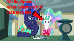 Size: 1280x720 | Tagged: safe, edit, edited screencap, screencap, princess celestia, princess luna, alicorn, pony, between dark and dawn, g4, season 9, alternate hairstyle, bare hooves, clothes, duo, duo female, female, front view, frown, grin, hawaiian shirt, hoof on cheek, mare, ponytail, post office, royal sisters, shirt, siblings, sisters, smiling, that pony sure does love the post office