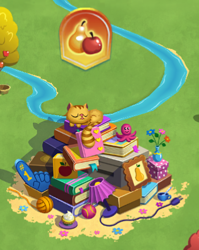 Size: 376x473 | Tagged: safe, gameloft, cat, g4, my little pony: magic princess, apple, food, implied applejack, pear, the anonymous campsite