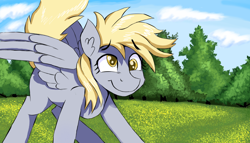 Size: 1514x864 | Tagged: safe, artist:signal15, derpy hooves, pegasus, pony, g4, cute, derpabetes, ear fluff, female, grass, happy, mare, smiling, solo, tree