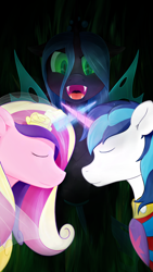 Size: 1440x2560 | Tagged: safe, artist:laykeen, princess cadance, queen chrysalis, shining armor, alicorn, changeling, changeling queen, pony, unicorn, canterlot wedding 10th anniversary, g4, crossed horns, female, flower, flower in hair, horn, horns are touching, love, magic, male, mare, marriage, open mouth, shield, simple background, stallion, wedding, wedding veil