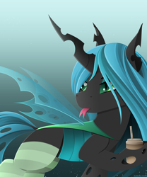 Size: 2500x3000 | Tagged: safe, artist:andaluce, queen chrysalis, changeling, changeling queen, canterlot wedding 10th anniversary, g4, clothes, drink, female, forked tongue, gradient background, high res, insect wings, lineless, signature, socks, solo, spread wings, tongue out, wings