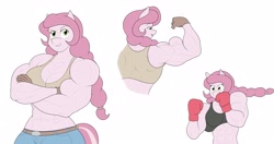 Size: 4096x2156 | Tagged: safe, artist:matchstickman, oc, oc only, oc:honey suckle, oc:honey suckle (flicker-show), earth pony, anthro, biceps, boxing, boxing gloves, breasts, clothes, dreamworks face, female, flexing, gloves, jeans, midriff, multeity, muscles, muscular female, pants, simple background, smiling, smirk, sports, sports bra