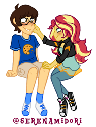 Size: 1280x1692 | Tagged: safe, artist:serenamidori, sunset shimmer, oc, oc:brandon, human, equestria girls, g4, 2019, canon x oc, cheek pinch, commission, converse, female, male, shoes, simple background, straight, transparent background